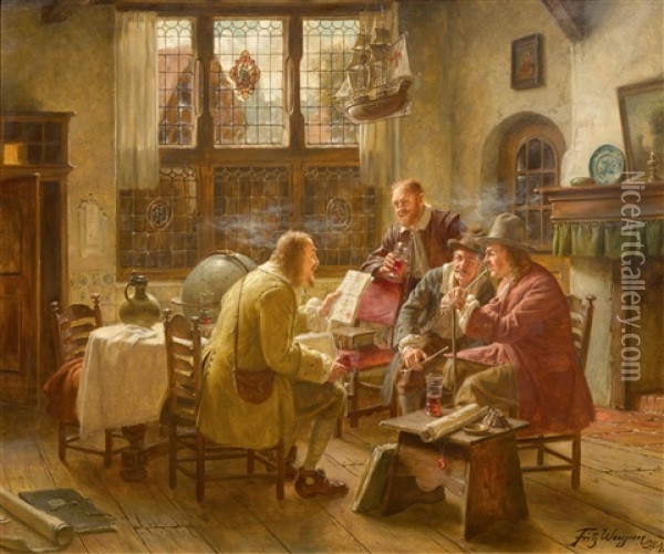 Group Of Men In A Parlour Oil Painting - Fritz Wagner