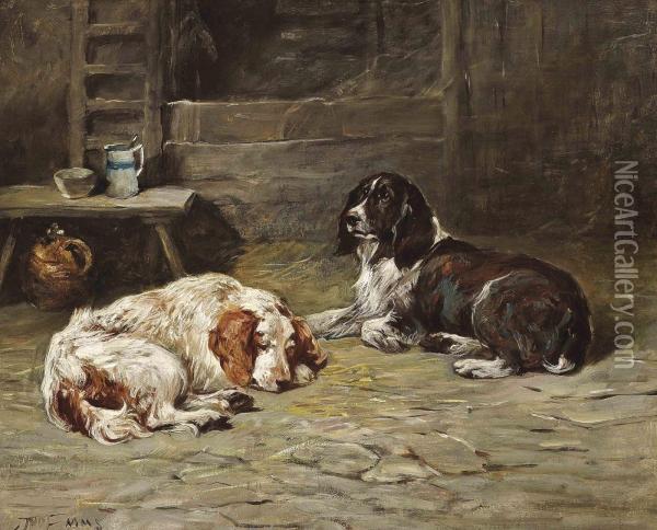 Two Spaniels In A Barn Oil Painting - John Emms