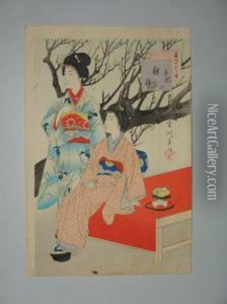 Des Jeunes Filles Jouent Au Colin-maillard Et Deux Femmes Sur Un Banc Oil Painting - Miyagawa Shuntei