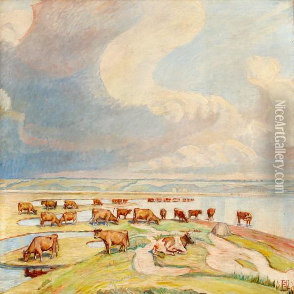 Scenery With Cows Oil Painting - Poul S. Christiansen