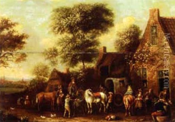 Travellers Outside An Inn Oil Painting - Barend Gael