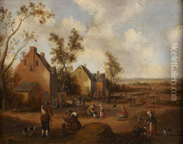 Figures And Animals On The Outskirts Of A Village Oil Painting - Cornelius Droochsloot