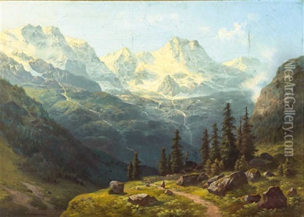 'das Breit Und Thingelhorn Im Hinteren Lauterbrunnental Schweiz' Oil Painting - Gustav Hausmann