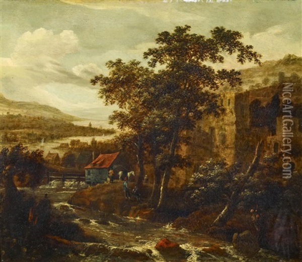 Flusslandschaft Mit Burg Und Gehoft Oil Painting - Jacob Van Ruisdael