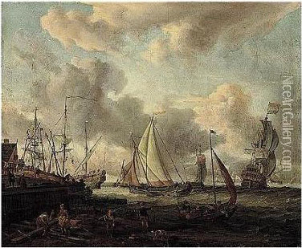 Dutch Men-o'-war And Fishing Boats In An Estuary Oil Painting - Abraham Storck