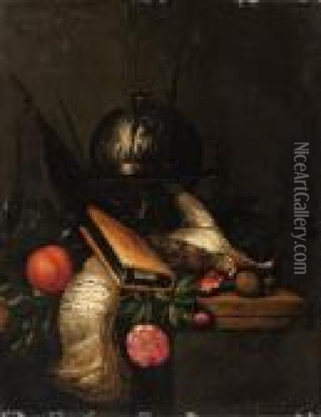 A Celestial Globe, A Banner, A Peach, An Hourglass, Books, Roses, Adead Snipe, A Bullfinch, A Great Tit, A Hazelnut And A Walnut On Atable Oil Painting - Petrus Schotanus