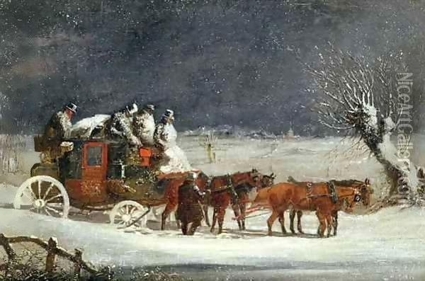 Coaching Scene The London to Dover Mail in Winter Oil Painting - Henry Thomas Alken