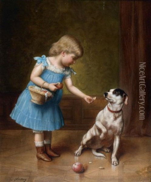 Genre Scene With Young Girl Feeding A Dog Oil Painting - Carl Reichert
