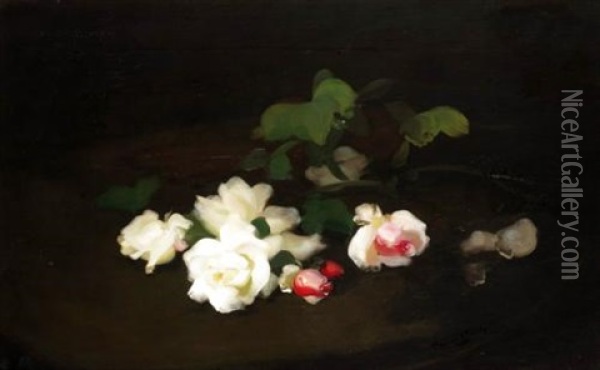 Still Life Of Yellow And Pink Roses Oil Painting - Stuart James Park