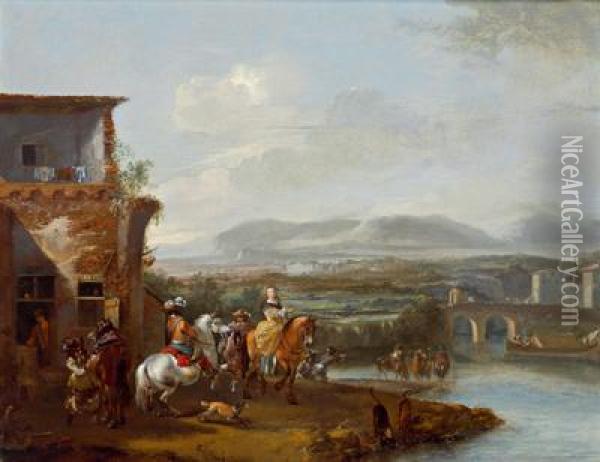 Viaggiatori In Un Paesaggio Fluviale Con Ponte E Casa Colonica Oil Painting - Pieter Wouwermans or Wouwerman