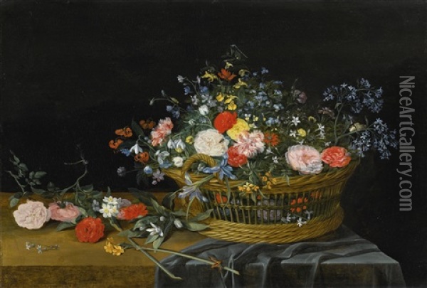 Flowers In A Basket On A Partly Draped Table Oil Painting - Jan van Kessel the Elder