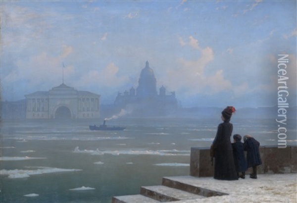 Floating Of Ice On The Neva River Oil Painting - G.O. Kalmykov