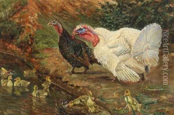 Turkeys And Chickens By The Pond Oil Painting - Niels Pedersen Mols
