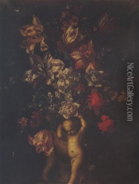 Bouquet De Fleurs Et Putti Oil Painting - Jan-Baptiste Bosschaert