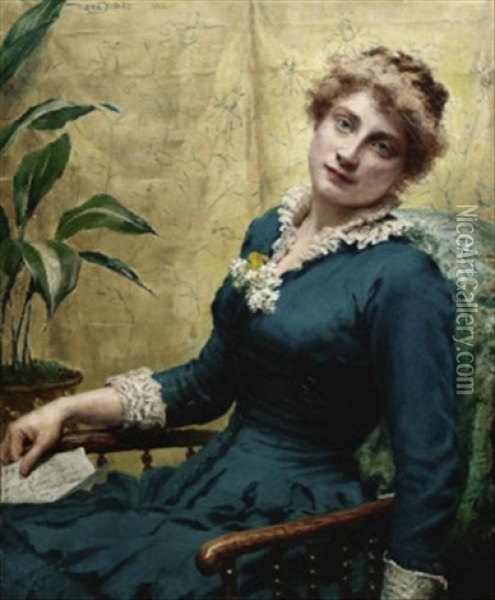 Der Brief. Dame In Blauem Kleid, Versonnen Von Ihrer Lekture Aufblickend Oil Painting - Maria Brooks