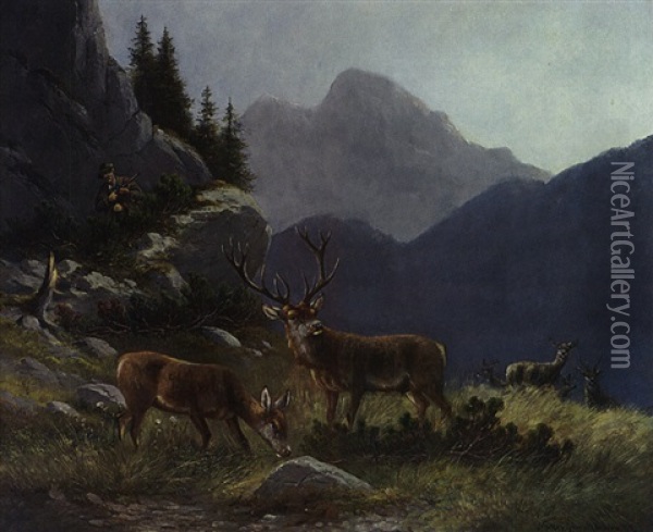 Hirsch Und Hirschkuh Im Hintergrund Ein Jager Oil Painting - Eduard Josef Mueller