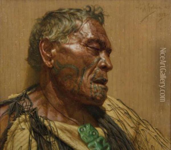 A Midsummers Day, Maoriland Pokai; Awarrior Chieftain Of The Ngatimaru Tribe Oil Painting - Charles Frederick Goldie