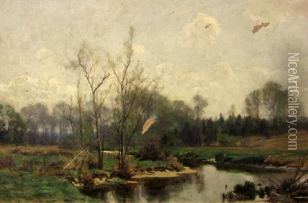 Stream In A Country Landscape Oil Painting - Hugh Bolton Jones