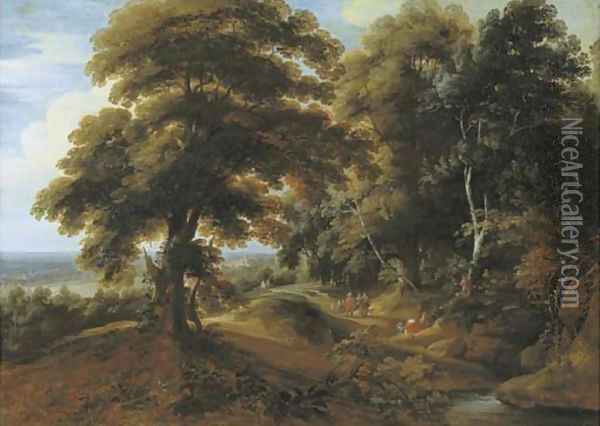 A wooded landscape with elegant figures on a path Oil Painting - Jacques d' Arthois