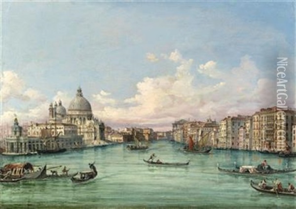 The Entrance To The Canal Grande With Santa Maria Della Salute And The Punta Della Dogana Oil Painting - Giovanni Grubas