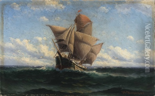 A Full-rigged Ship At Sea. Oil Painting - Theodore Victor Carl Valenkamph