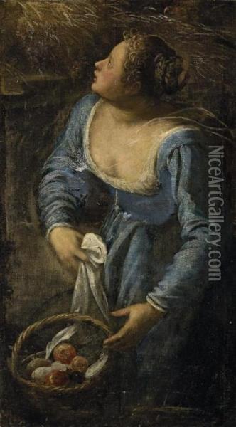 A Woman With A Basket Of Fruit, A Fragment Oil Painting - Jacopo Robusti, II Tintoretto