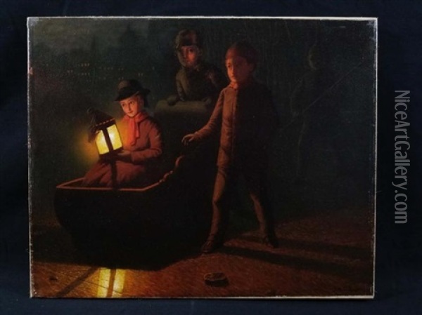 Genre, Children, Lantern, Sleigh Oil Painting - Johann Mongels Culverhouse