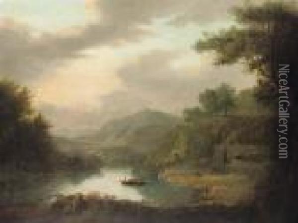 A Wooded River Landscape 
Traditionally Identified As The Pass Of Achray, With Figures On A Ferry 
In The Foreground Oil Painting - Alexander Nasmyth
