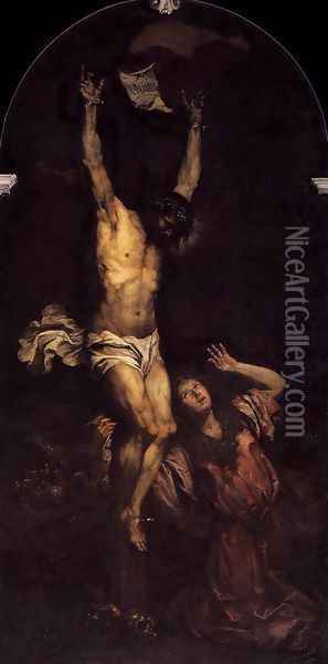 Mary Magdalene ot the Foot of the Cross c. 1670 Oil Painting - Giovanni Battista Langetti