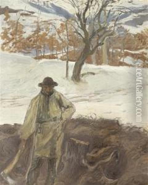 Lumberjack In A Landscape In Winter Oil Painting - Otto Vautier