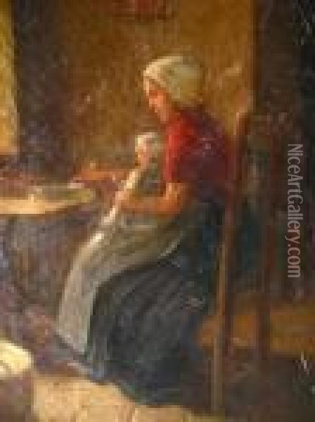 Woman And Child Ininterior Oil Painting - Joseph A. Kleitsch