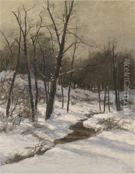 Landscape With Stream In Winter Oil Painting - August Fink