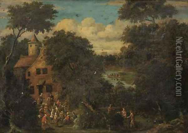 A wooded river landscape with villagers gathered in the foreground Oil Painting - Pieter Bout