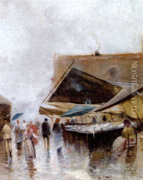 Livlig Handel Ved Fiskeboder Oil Painting - Oscar Ricciardi