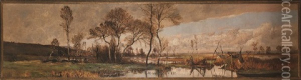 Paysage Des Marais Avec Verveux Et Eglise A L'arriere-plan Oil Painting - Hendrick van der Hecht