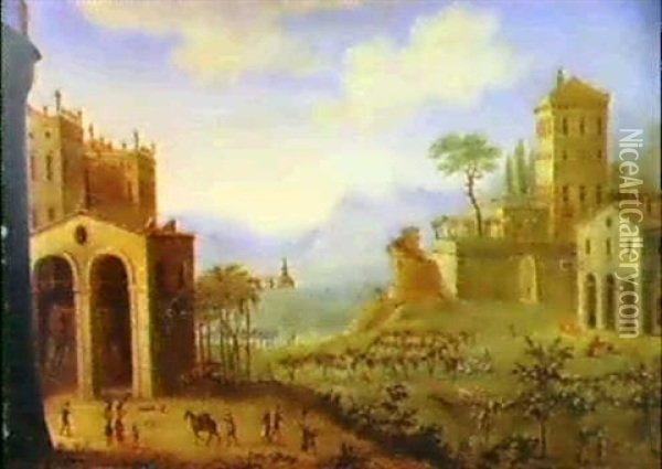 Paesaggio Con Villa, Castello E Case Coloniche Oil Painting - Jacob De Heusch