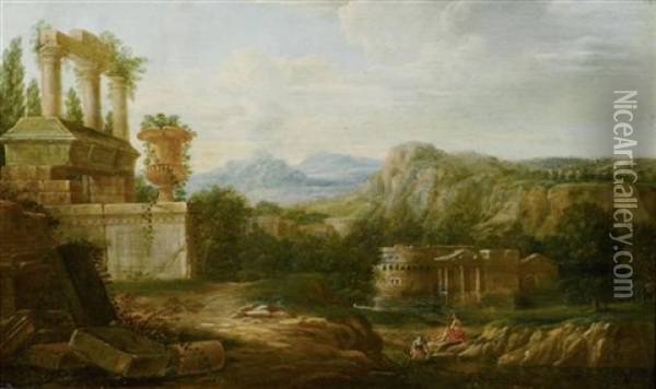 Sudliche Landschaft Mit Tempelruinen, Figurenstaffage Und Tieren (+ Another, Similar, Oil On Wood; Pair) Oil Painting - Hendrick Frans van Lint