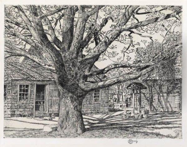 Oak And Old House In Spring Oil Painting - Frederick Childe Hassam
