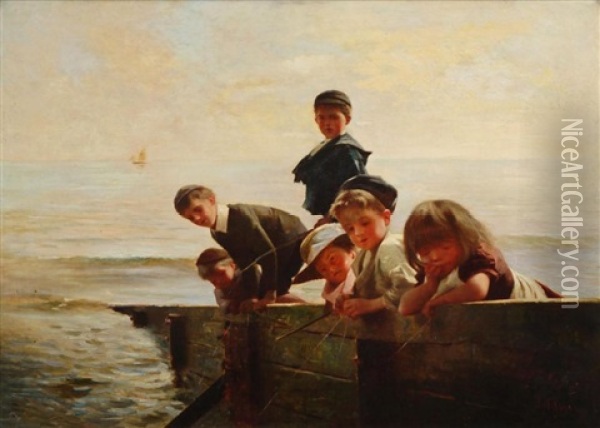 Children Fishing At The Pier Oil Painting - Alexander M. Rossi