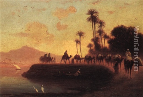 Caravan Train Along The Nile Oil Painting - Charles Theodore (Frere Bey) Frere