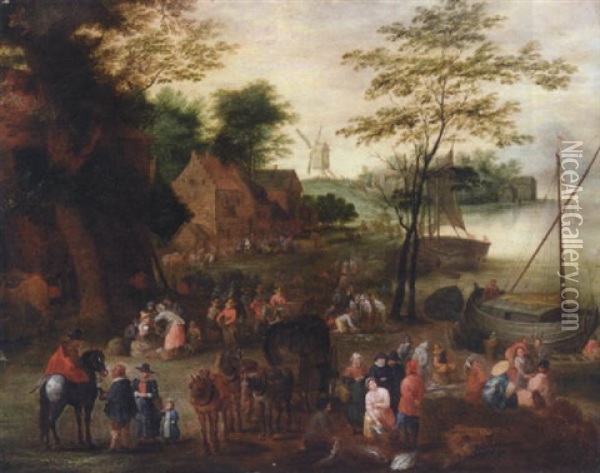 A River Landscape With A Fish Market Oil Painting - Jan Brueghel the Elder