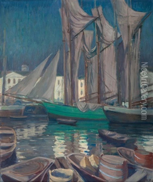 Boats In The Harbor Of Helsinki Oil Painting - Vaeinoe Alfred Blomstedt