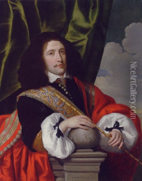 Portrait Of A Civic Guard In A Black Coat With A Red Cloak, A Riding Whip In His Left Hand, Leaning On A Ledge Oil Painting - Lodewyck Van Der Helst