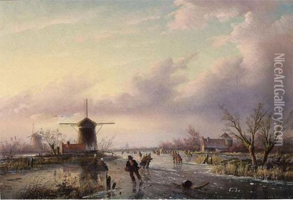A Winter Landscape With Figures On A Frozen Waterway Oil Painting - Jan Jacob Coenraad Spohler