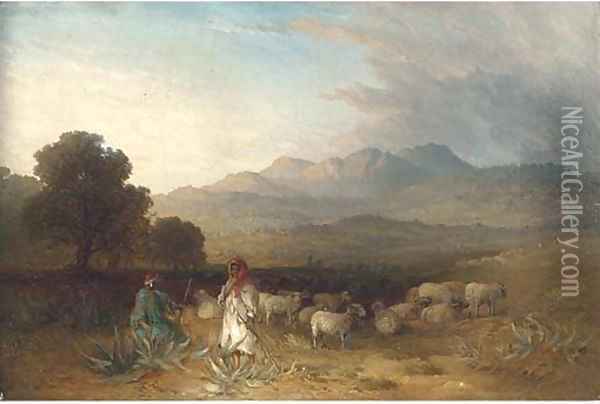 Arab figures with a flock of sheep in a landscape Oil Painting - Paul H. Ellis