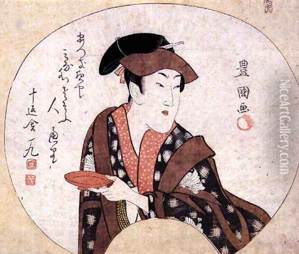 The actor Segawa Kikunojo III; the actor is shown off-stage and is accompanied by a poem by Jippensha Ikku, pub.1808 Oil Painting - Toyokuni