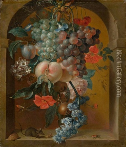 Blumenstillleben Mit Einer Maus (+ Blumenstillleben Mit Einem Vogelnest; Pair) Oil Painting - Coenraet (Conrad) Roepel