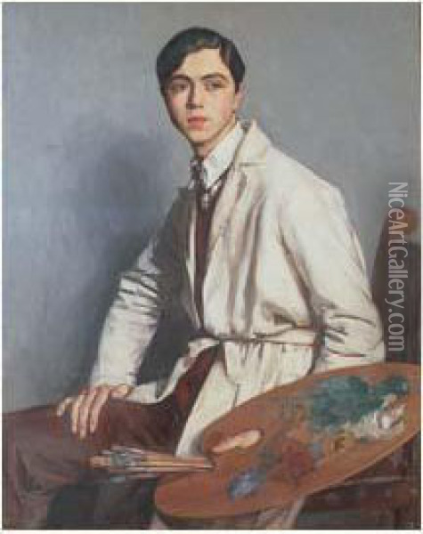 Autoportrait A La Palette Oil Painting - Auguste Leroux