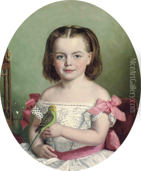 Portrait Of Mary Ann Maitland-wilson Of Greystone Towers, Threequarter Length, In A White Dress With Red Ribbons, Holding Herbudgerigar Oil Painting - Charles Baxter