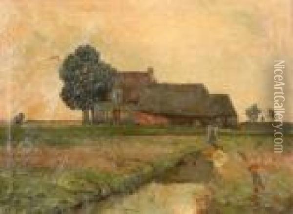 Landscape With Farmhouse And Brook Oil Painting - Joseph Van Genegen